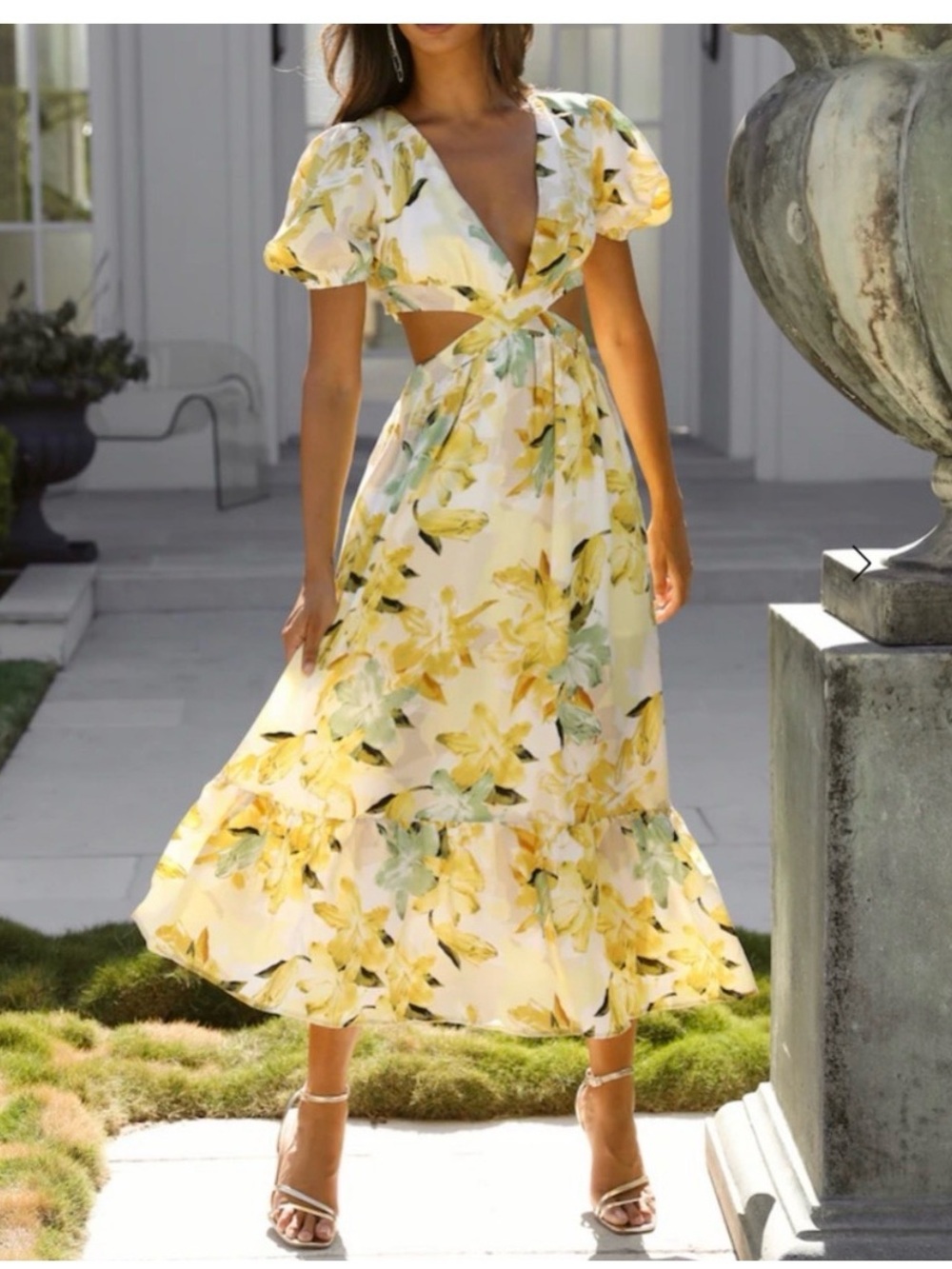 Hello Molly Yellow Floral Cutout Midi Dress